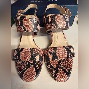 Cole Haan Pink and Black Snake Print Block Heel Sandals